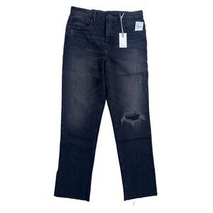 Good American Good Boy Straight Leg Jeans Black Distressed Knee Size 2